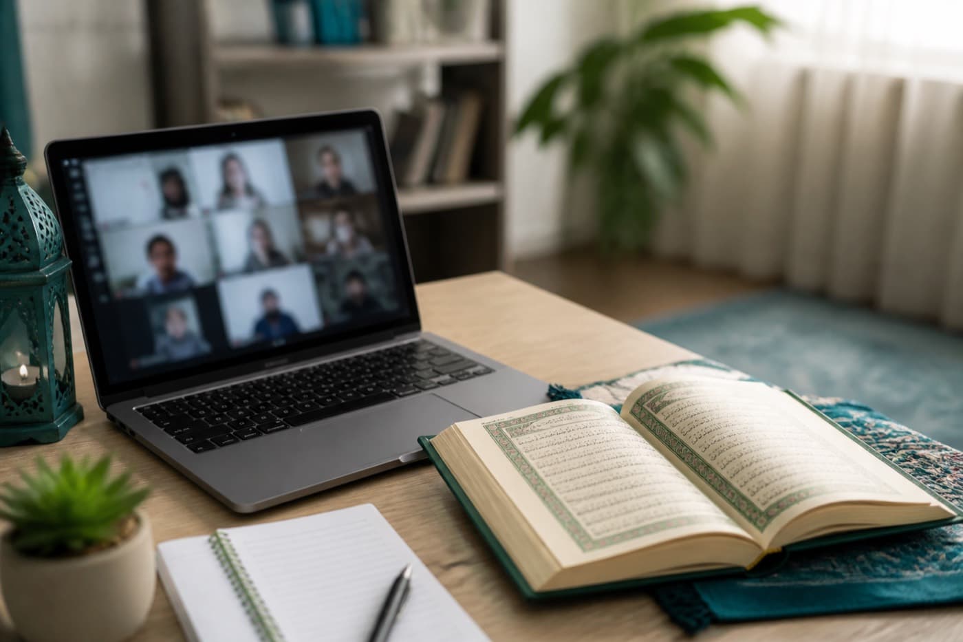 Laptop open for a live Google Meet Qur'an class beside a mushaf