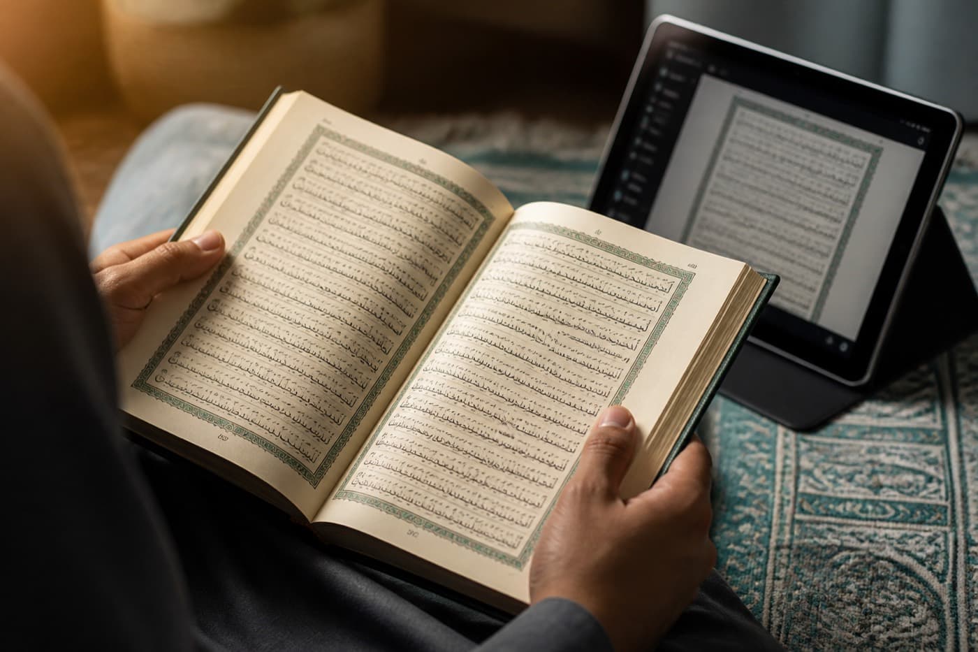 Hands holding an open Qur'an with a tablet nearby for online learning