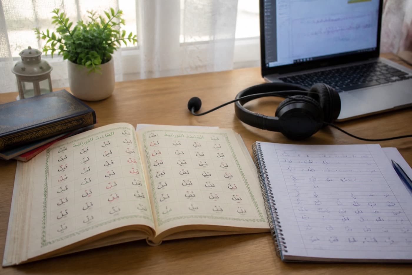 Teacher desk with Qaida book, notes, and headset for online tutoring